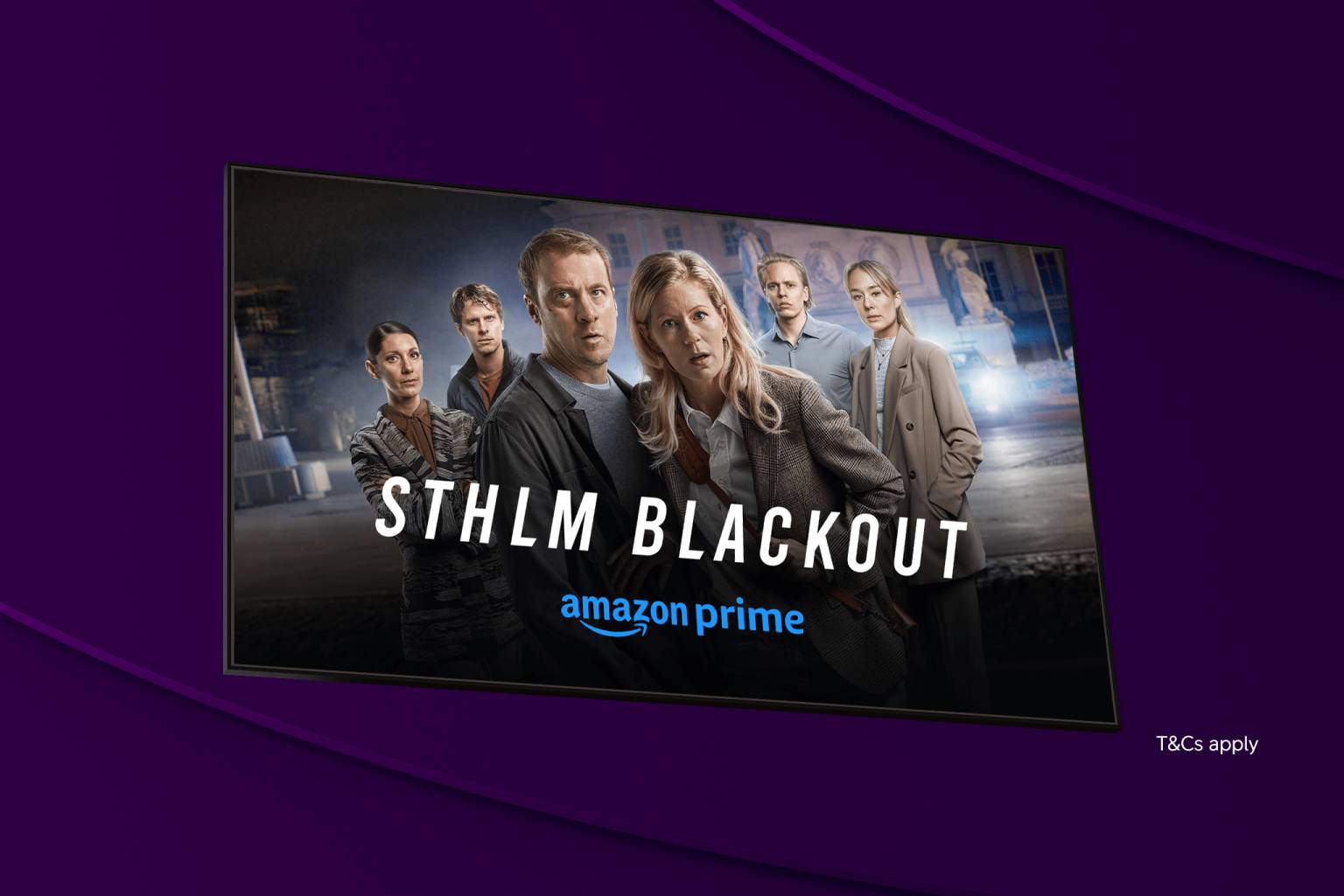 Bild med skådespelarna i den nya svenska serien Stockholm Blackout som du streamar på Amazon Prime.