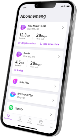 Startsidan i Mitt Telia-appen där du bland annat kan se din förbrukning av surf.