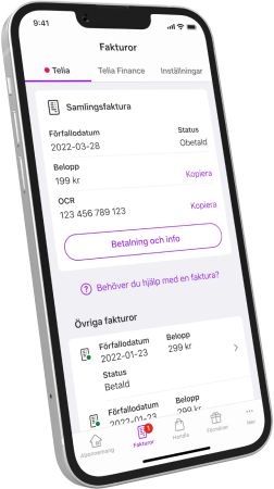 Fakturasidan i Mitt Telia-appen där du kan se, ladda hem och betala dina fakturor.