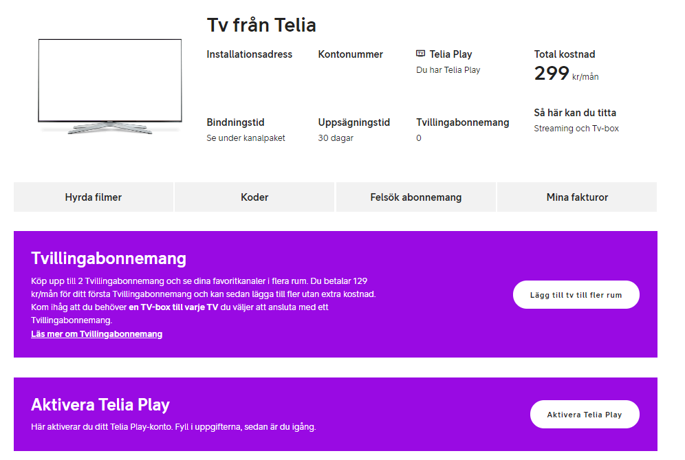 Knappen för att aktivera Telia Play finns nedanför informationen om ditt tv-paket.