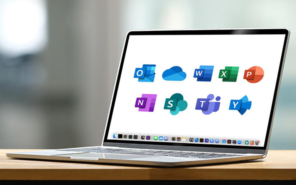 Laptop med ikoner från Microsoft 365.