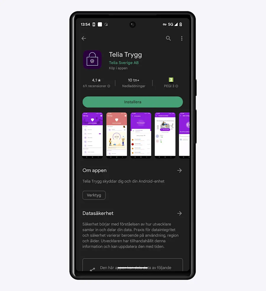Telia Trygg med gröna knappen installera.