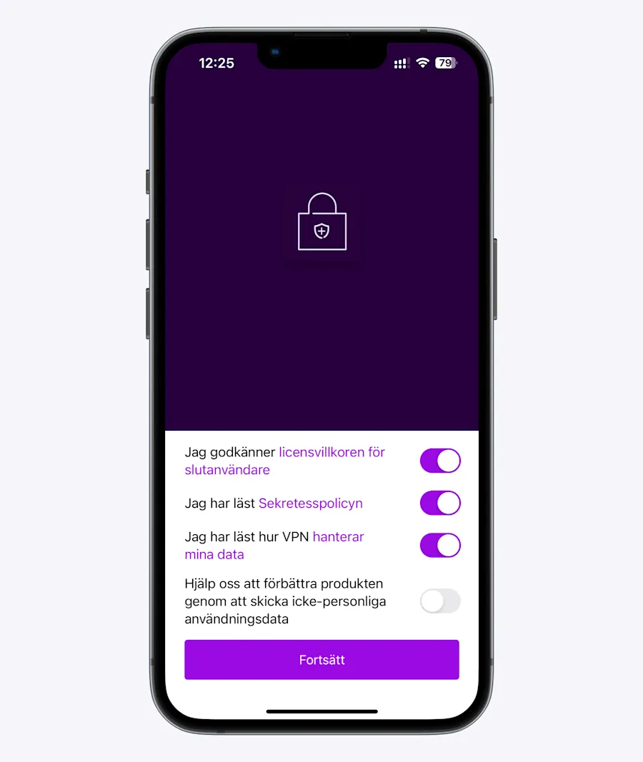 För att kunna använda Telia Trygg behöver villkoren godkännas. Här syns en lila knapp "godkänn och fortsätt"..
