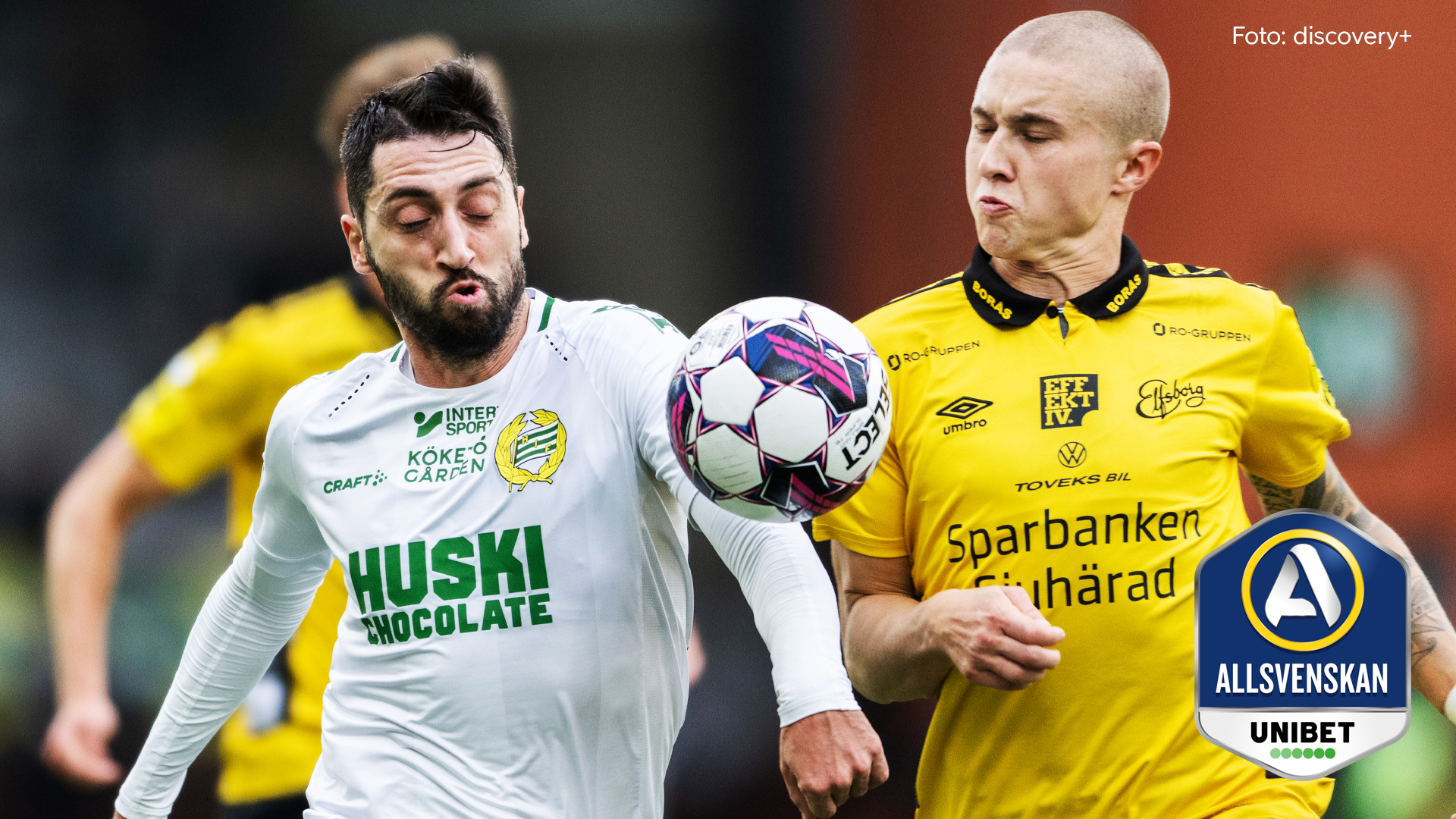 Match mellan Hammarby och Elfsborg i Allsvenskan. Foto från discovery+.