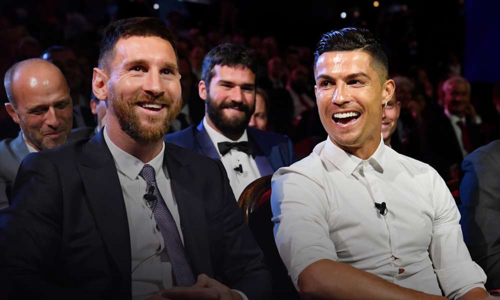 Christiano Ronaldo och Leo Messi i samband med ett Champions League event 