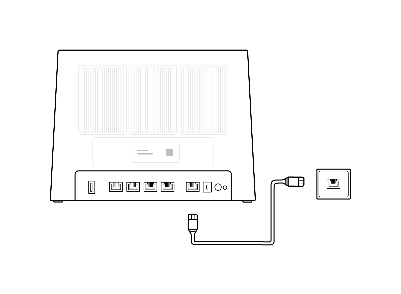 En router med nätverkskabel och uttag.