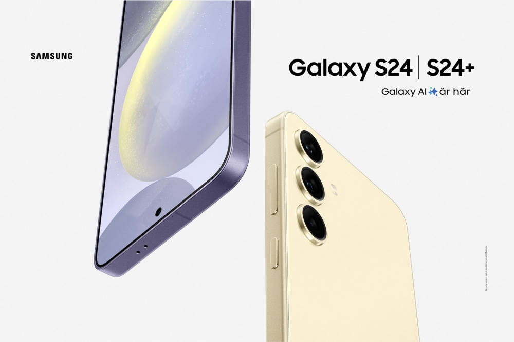 Samsung Galaxy S24 och Galaxy S24+ med texten Galaxy AI är här