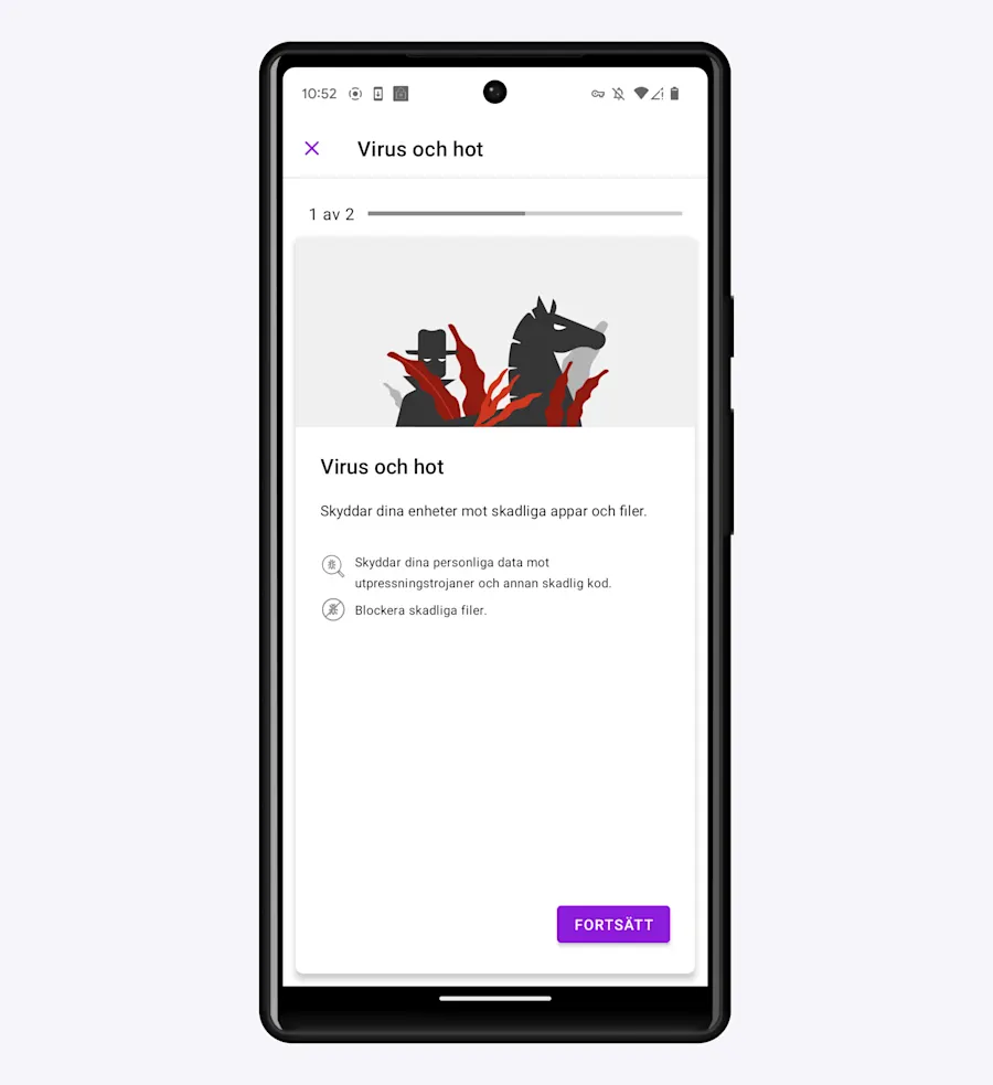 I steg ett av två behöver du klicka på fortsätt för att fortsätta installationen.