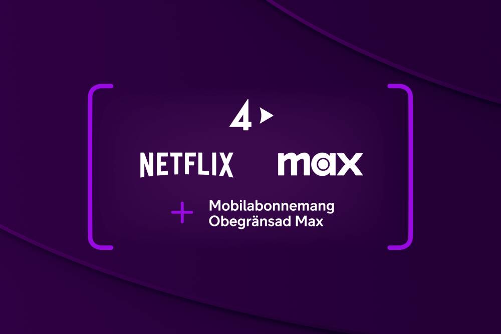 TV4 Plays logotyp, Netflixs logotyp och Max logotyper med texten "+ Mobilabonnemang Obegränsad Max".