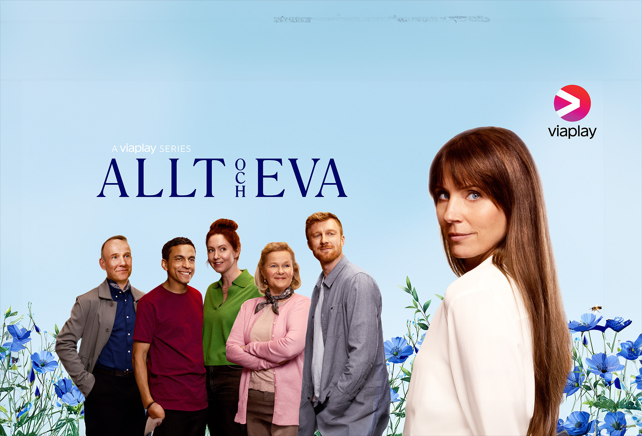 Bild med skådespelarna i Viaplays nya serie Allt och Eva. I "Allt och Eva" möter vi Eva som inte tror på kärlek. , © 2024 Viaplay Group