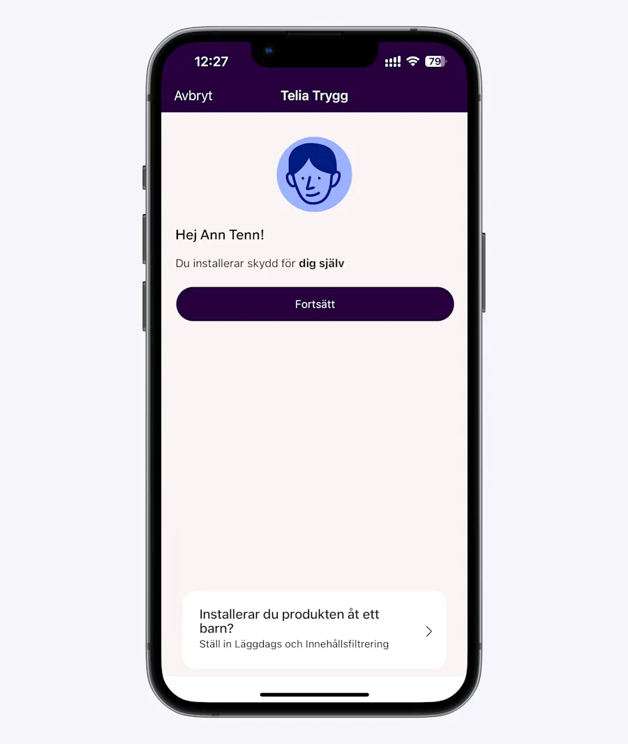 I Telia Trygg-appen när du loggat in och lila knappen fortsätt syns.