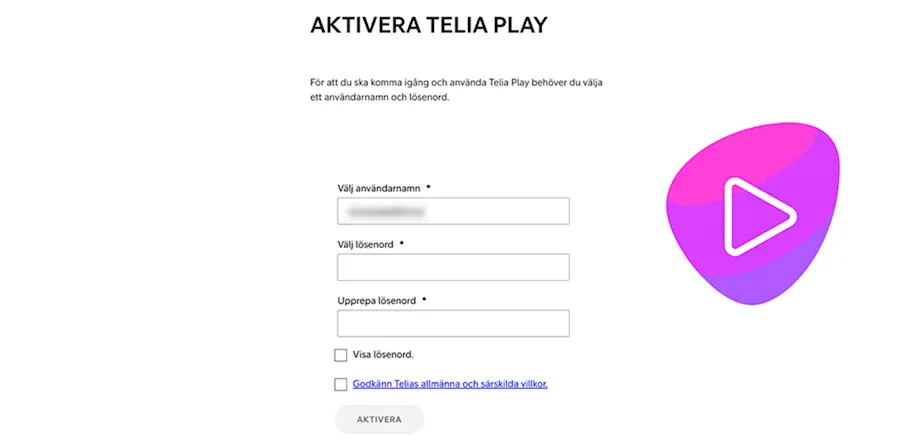 Här fyller man in sina uppgifter för att aktivera Telia Play.