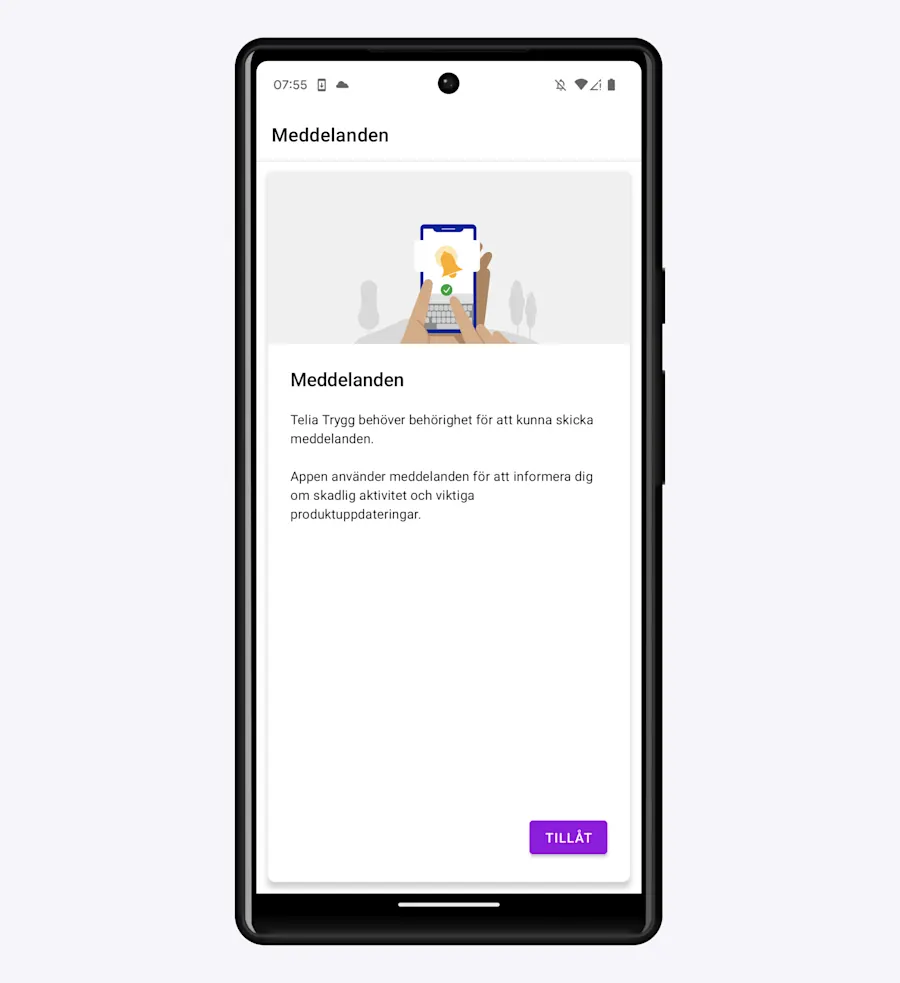 Telia Trygg visar information om att tillåta meddelanden.