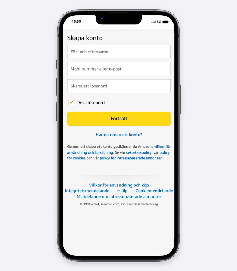 I detta steg fyller du i för- och efternamn, telefonnummer och lösenord för att skapa ett Amazon-konto.