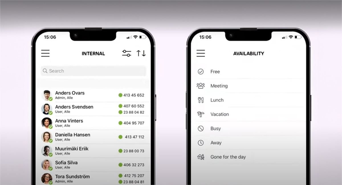 Bild på två mobilskärmar med telefonväxeln Telia Smart Connect