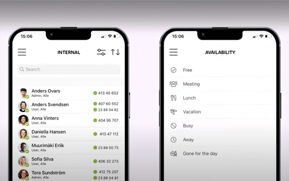 Bild på två mobilskärmar med telefonväxeln Telia Smart Connect