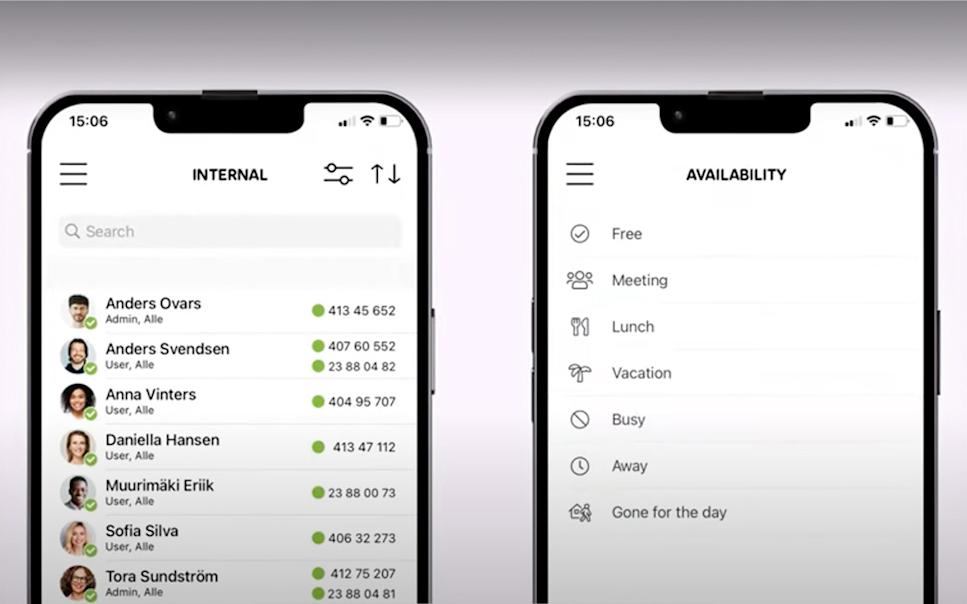 Bild på två mobilskärmar med telefonväxeln Telia Smart Connect