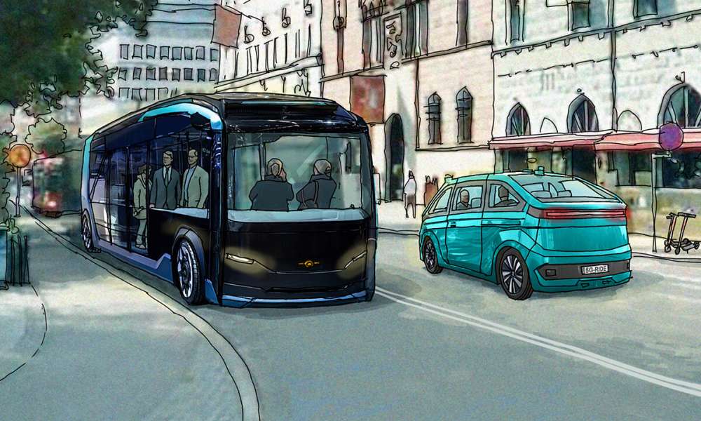 Illustration av självkörande buss i stadstrafik