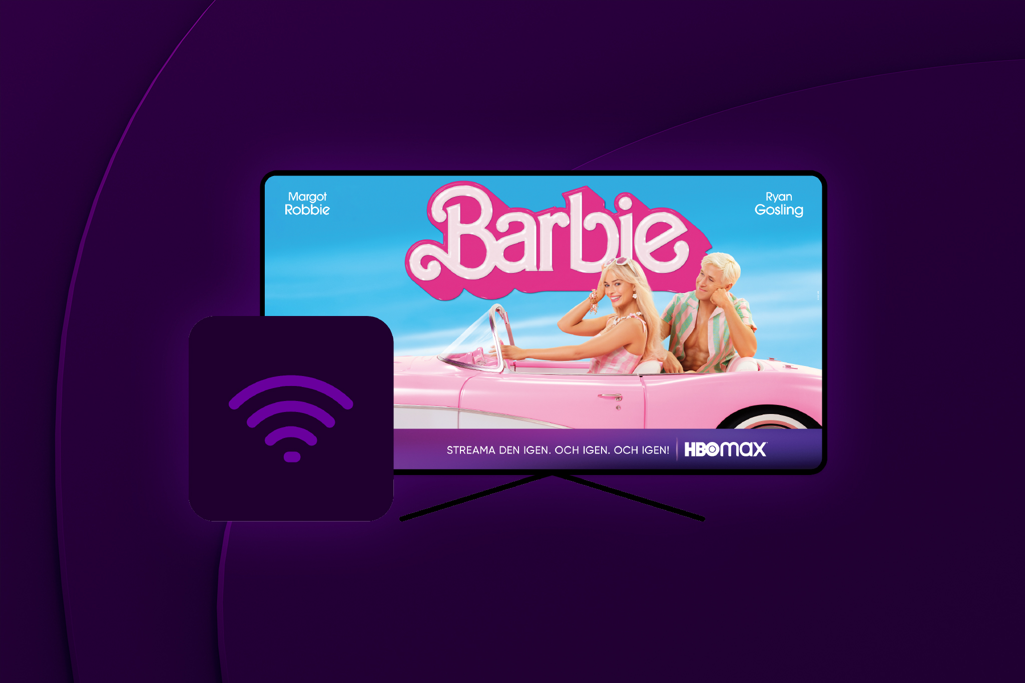 b2c-bb-tv och streaming-vårkampanj 2024 - Nöjesmeny med allting på. Skaffa HBO Max, Netflix, TV4 Play & Viaplay, Bredband 100 och Tv Mini. Collage med Barbie och Bredbandssymbol