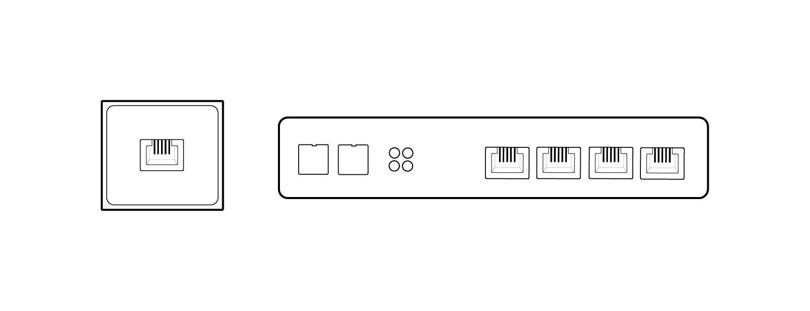 Ett fiberuttag och en mediaomvandlare