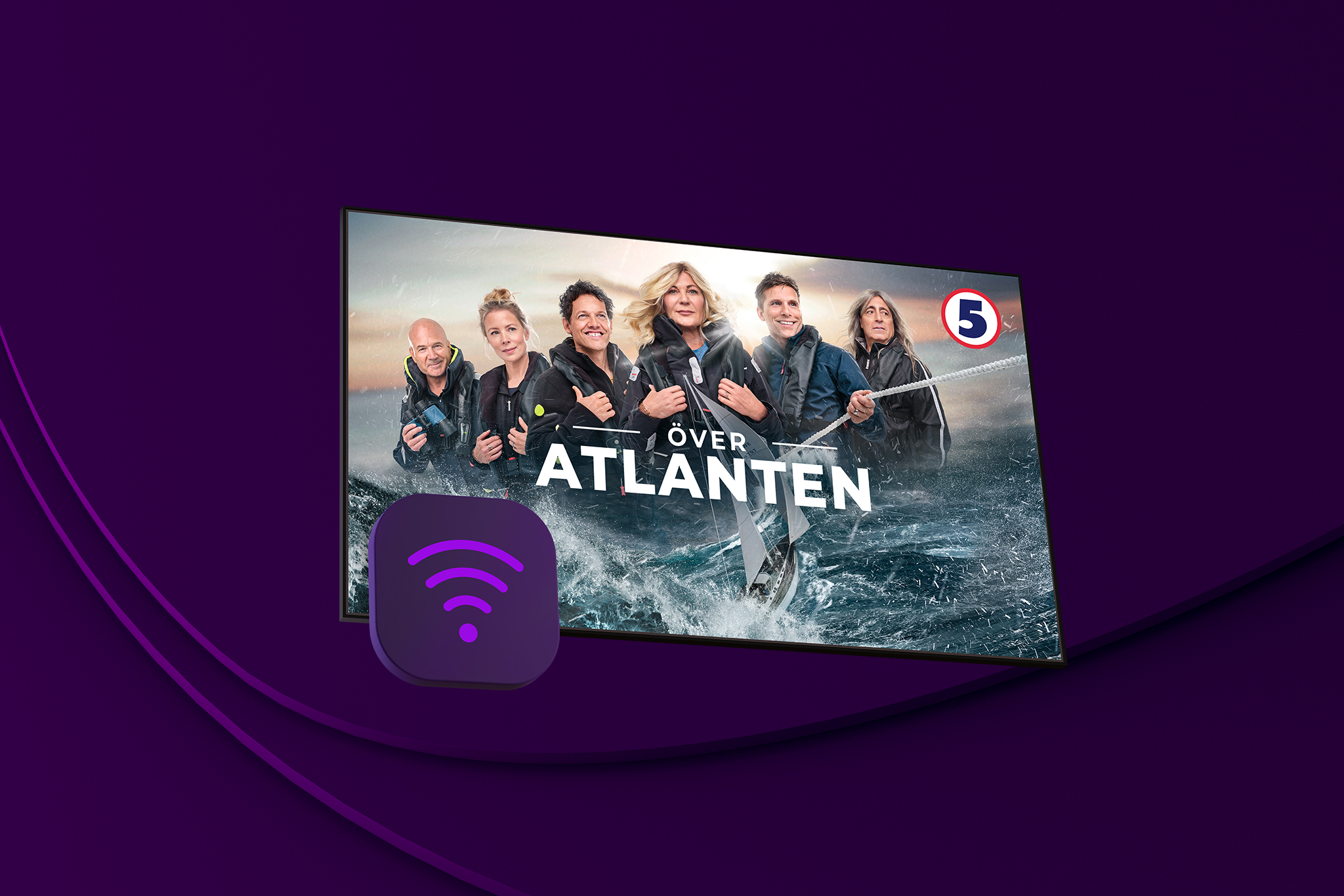 b2c - tv och streaming - bb250 + tv mellan kampanj sept 2023 - Över Atlanten skärm med bredbandssymbol