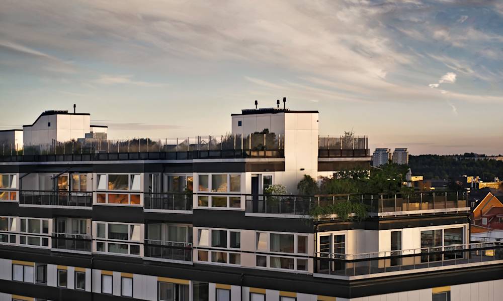 Kontor med vit fasad och takterrasser