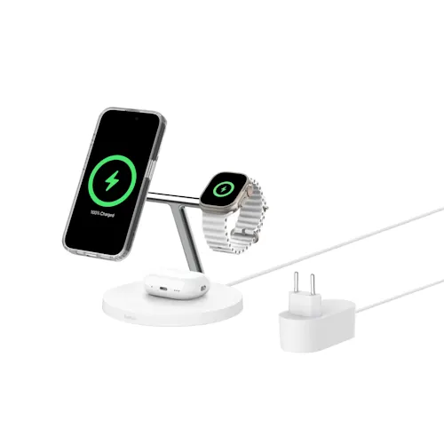 Belkin BoostCharge Pro 3-i-1 trådlös laddningsställ med Qi2 15W Vit