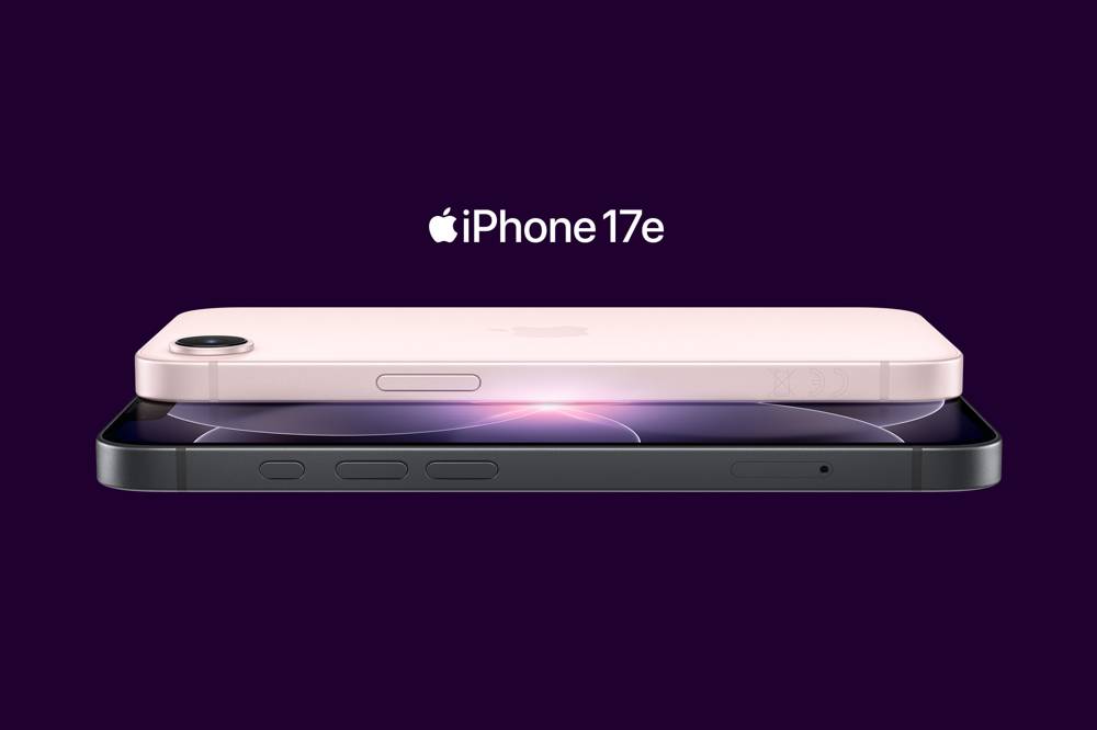 iPhone 17e + lila bakgrund