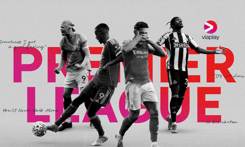 Aktuella fotbollsspelare i Premier League 2026/27 tillsammans med Viaplays logotyp och texten "Premier League" bakom.