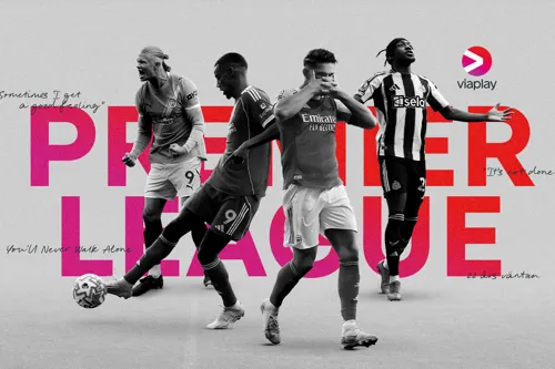 Aktuella fotbollsspelare i Premier League 2026/27 tillsammans med Viaplays logotyp och texten "Premier League" bakom.