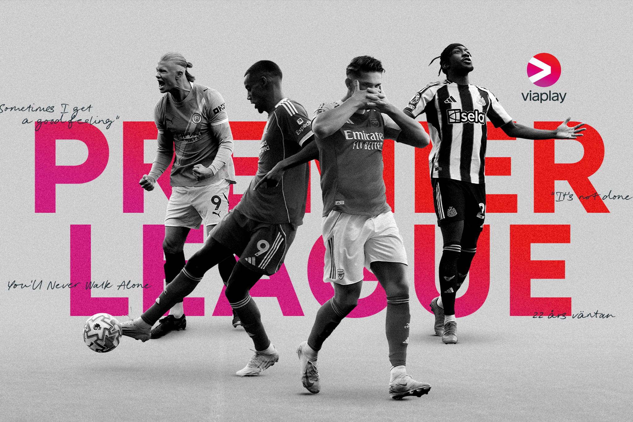Aktuella fotbollsspelare i Premier League 2026/27 tillsammans med Viaplays logotyp och texten "Premier League" bakom.