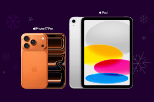 Apple Phone 17 Pro och iPad 11, lila bakgrund med snöflingor