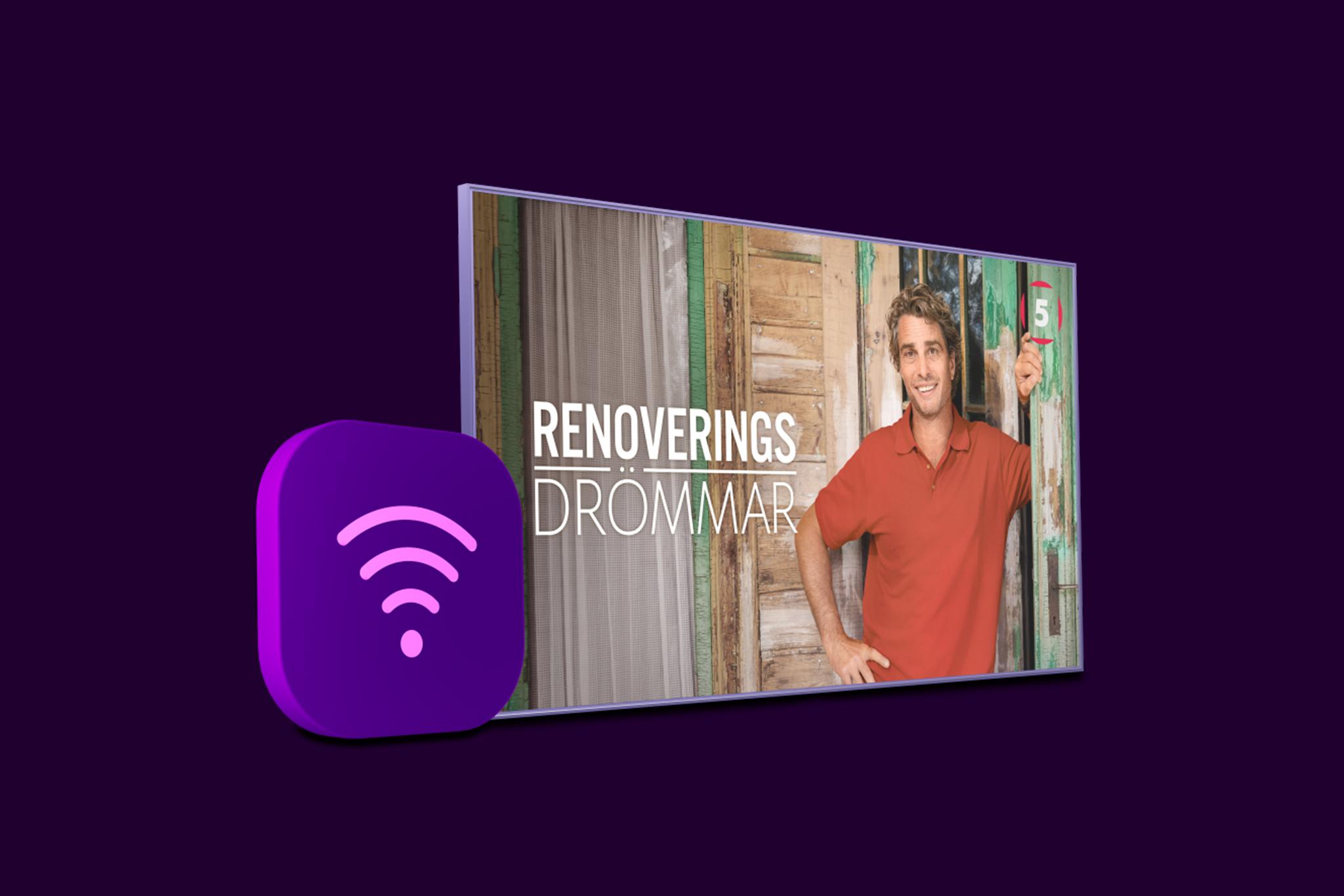 En wifi-symbol och en tv-skärm med innehåll från Renoveringsdrömmar på Kanal 5 som du kan se med vårt populära bredband och tv-paket.
