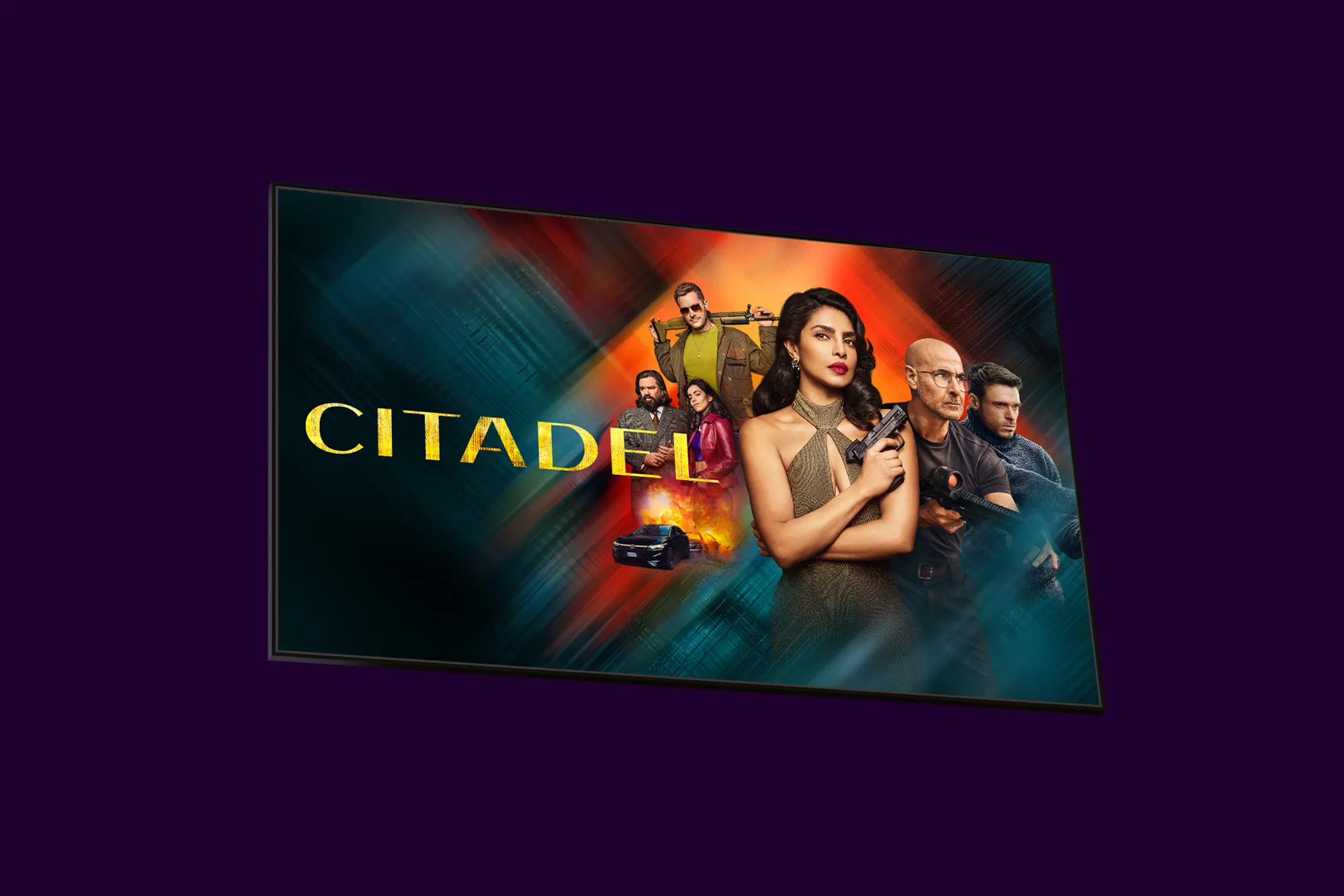 En tv-skärm med innehåll från den nya och andra säsongen av Citadel där originalagenterna Nadia, Mason och Bernard står redo tillsammans med sitt nya team av operatörer.