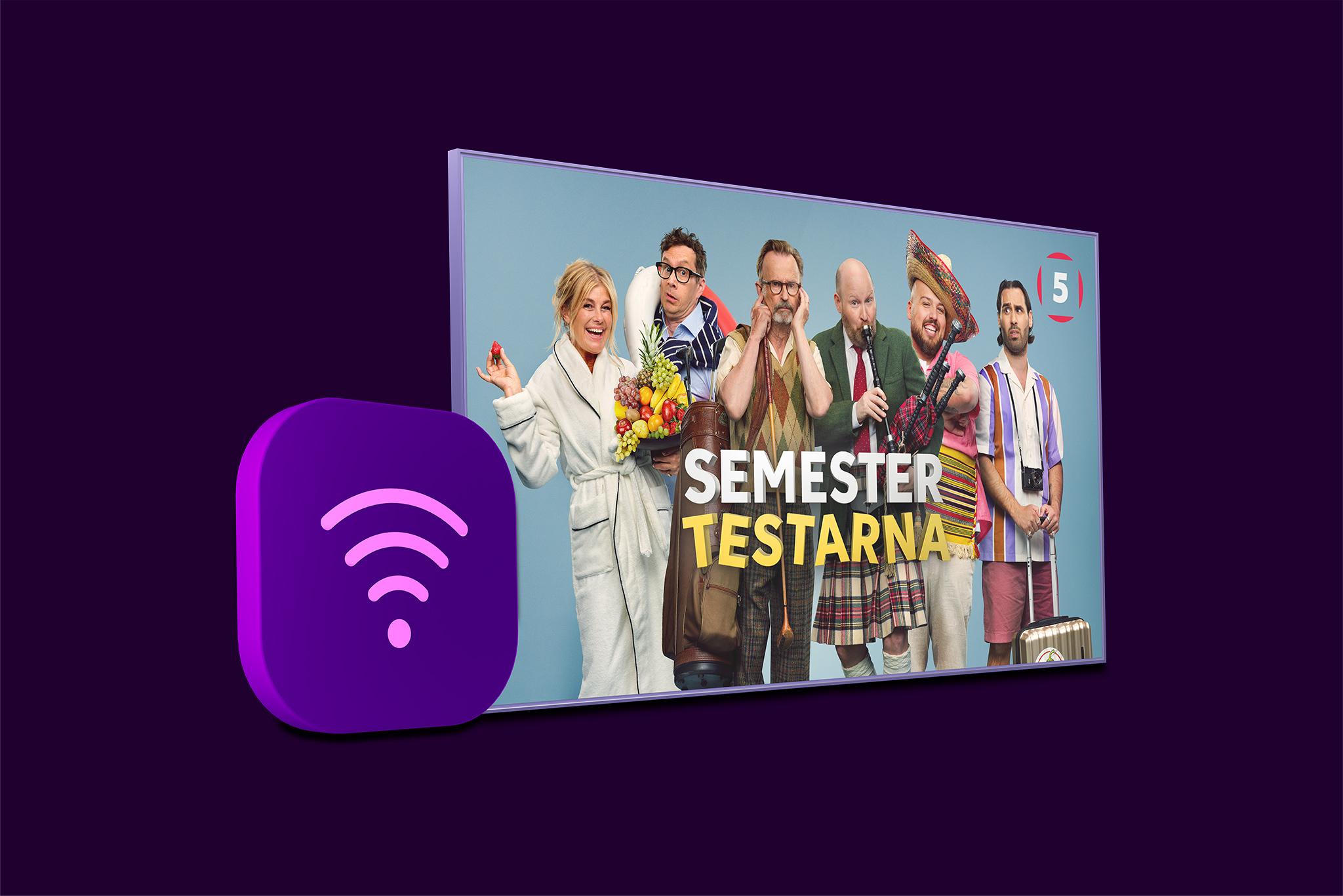 En wifi-symbol och en tv-skärm med innehåll från Semestertestarna på Kanal 5 som du kan se med vårt populära bredband och tv-paket.