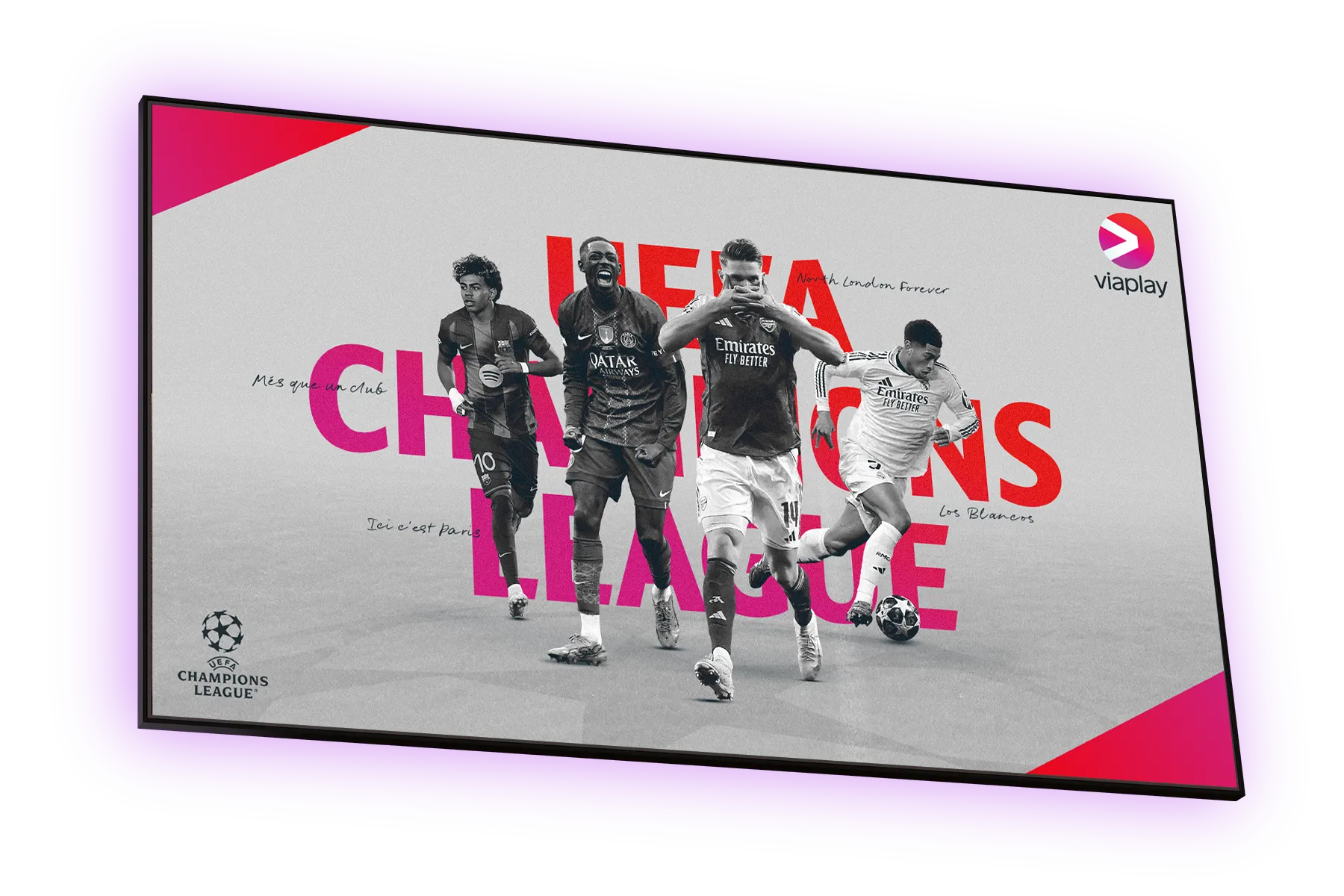 Tv-skärm med aktuella fotbollsspelare från UEFA Champions League 2026 som du kan streama på Viaplay.
