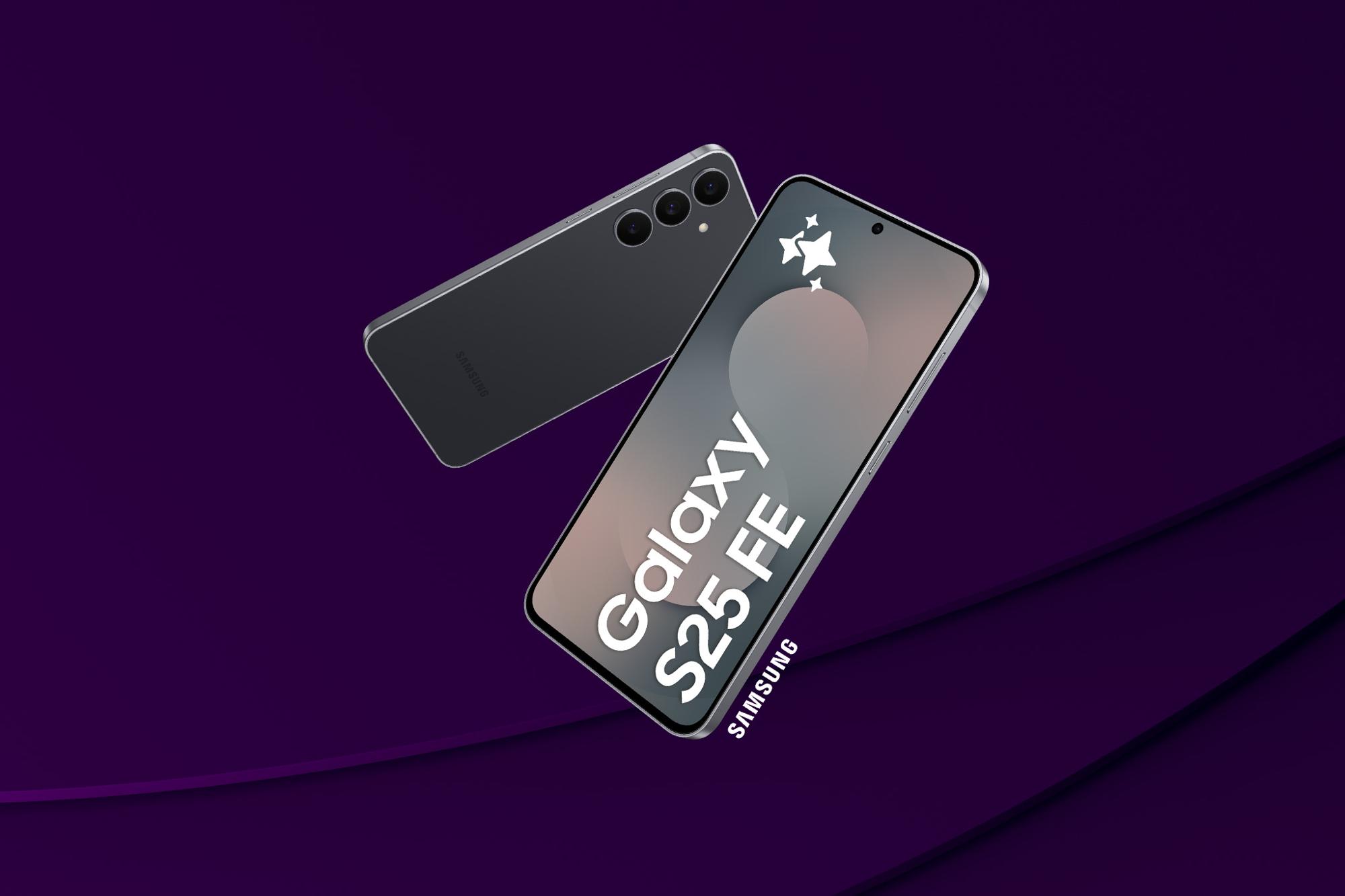 Galaxy S25 FE med lila bakgrund