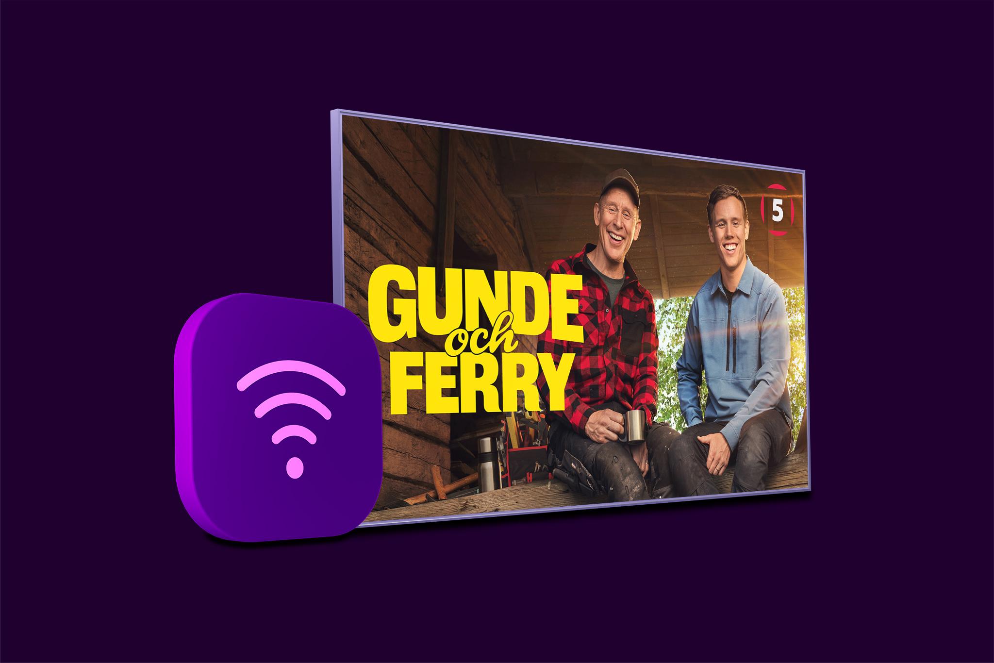 En wifi-symbol och en tv-skärm med innehåll från Gunde och Ferry på Kanal 5 som du kan se med vårt populära bredband och tv-paket.