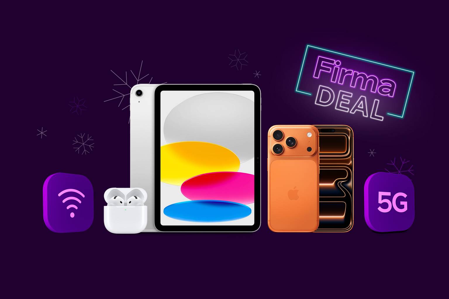 iPhone 17 Pro, iPad 11 och AirPods4 med lila bakgrund med snöflingor och neonskylt