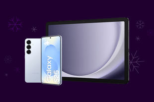 Samsung Galaxy S25 och Galaxy Tab A9, lila bakgrund med snöflingor