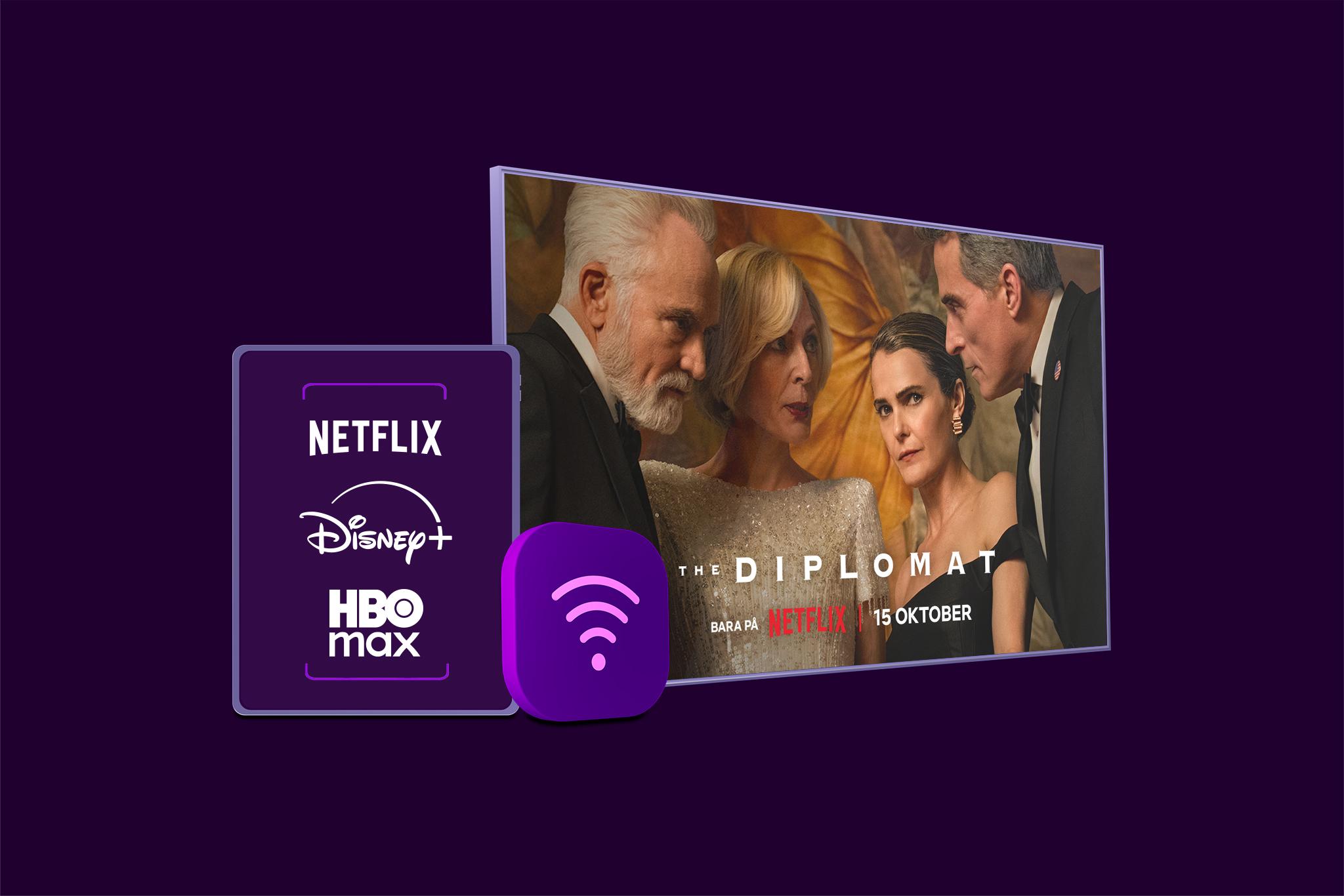 Netflix, Disney+ och HBO Max logotyper med en wifi-symbol och en tv-skärm med innehåll från The Diplomat på Netflix som symboliserar vårt paket med bredband, tv och streaming.