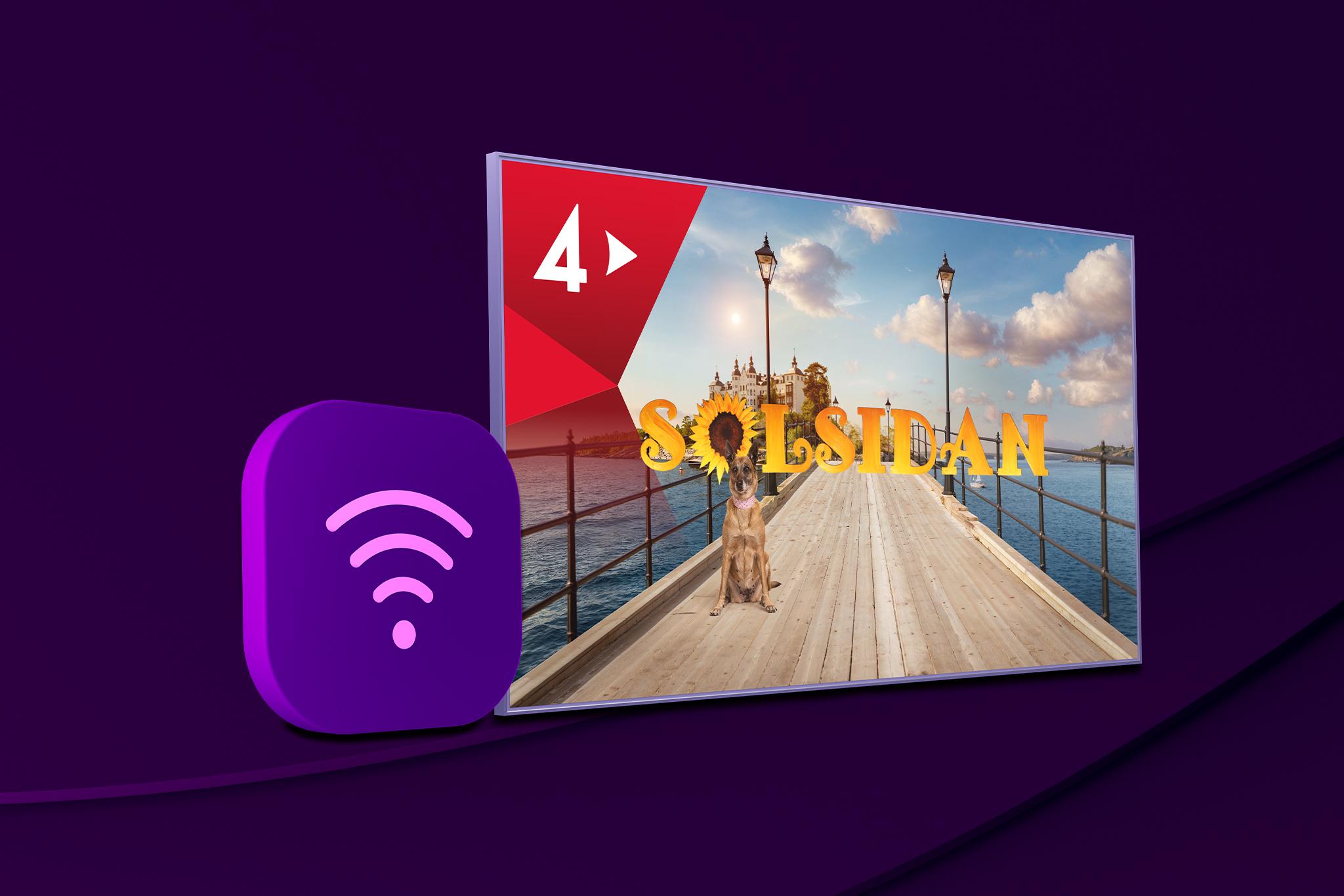 En wifi-symbol och en tv-skärm med innehåll från Solsidan på TV4 Play. Samla och spara när du köper bredband och tv tillsammans!