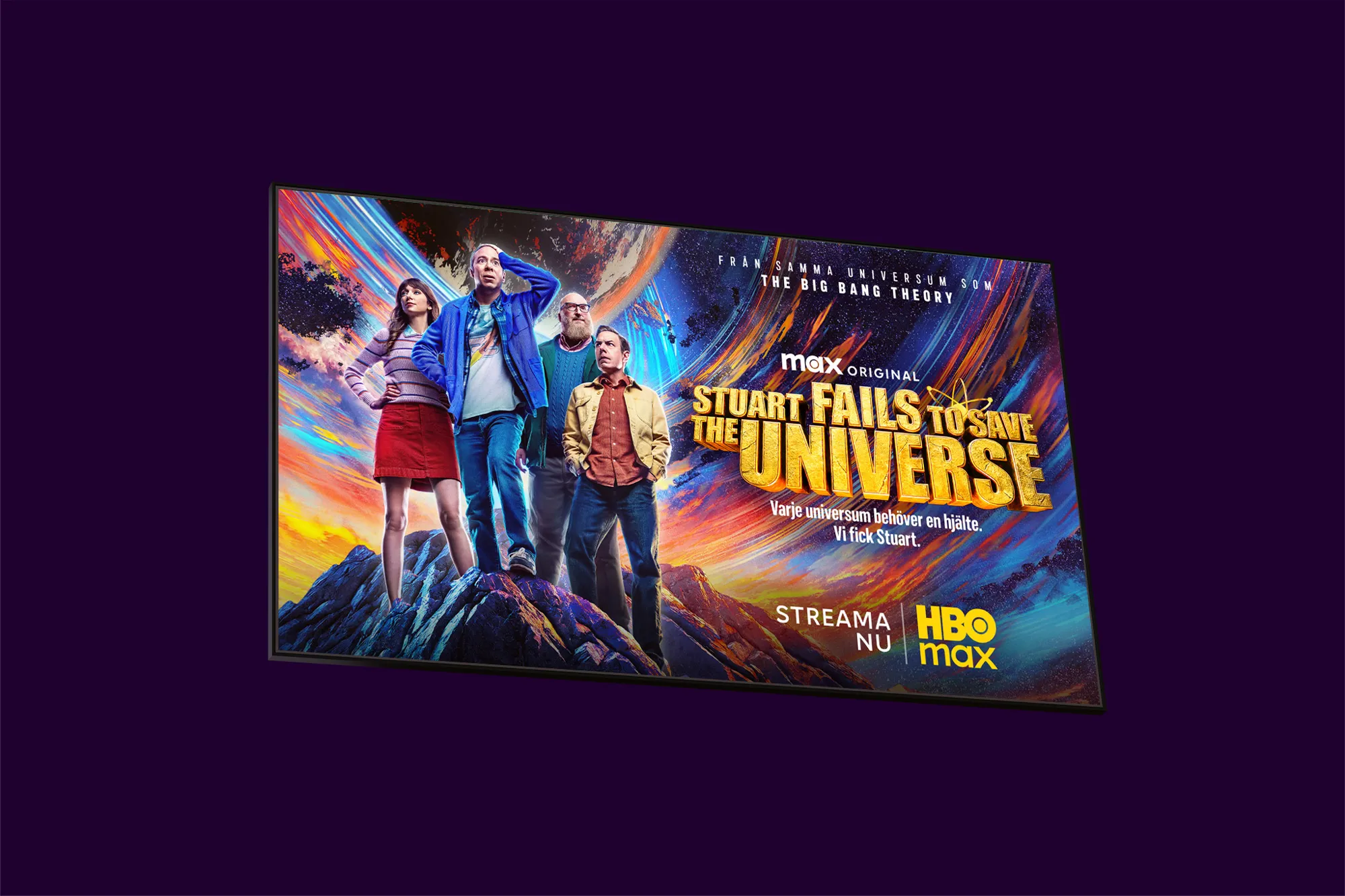 En tv-skärm med den nya komediserien Stuart Fails to Save the Universe på HBO Max som innehåller kända karaktärer från The Big Bang Theory och texten: "Streama nu."
