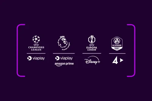 Logotyper av sporträttigheterna och streamingtjänsterna som ingår i Stora sportpaketet – såsom Premier League på Viaplay och Amazon Prime.