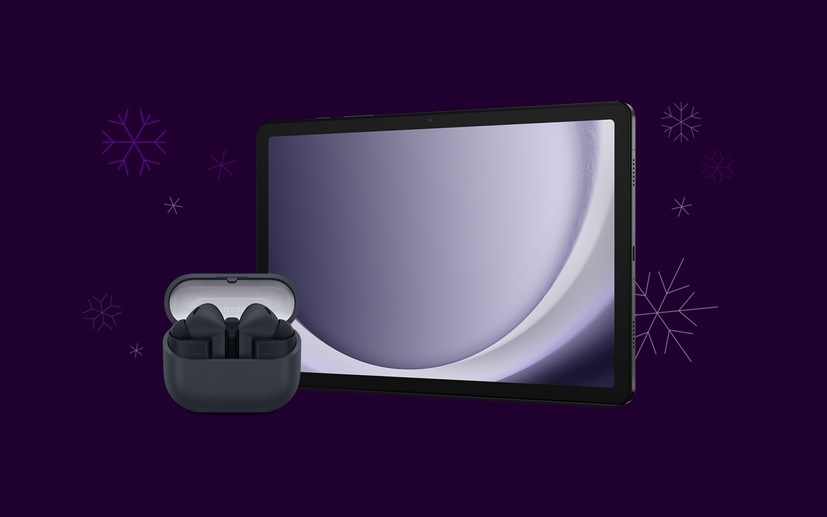 Samsung Galaxy Buds3 och Galaxy Tab A9+, lila bakgrund med snöflingor