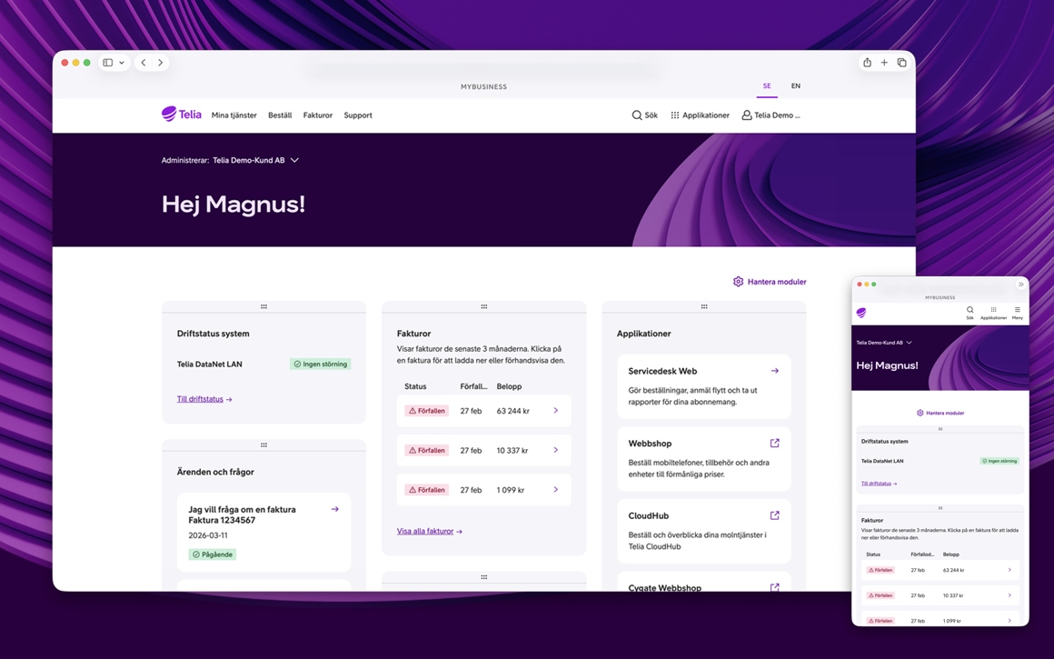 Bild som visar hur MyBusiness ser ut på en mobil och dator.