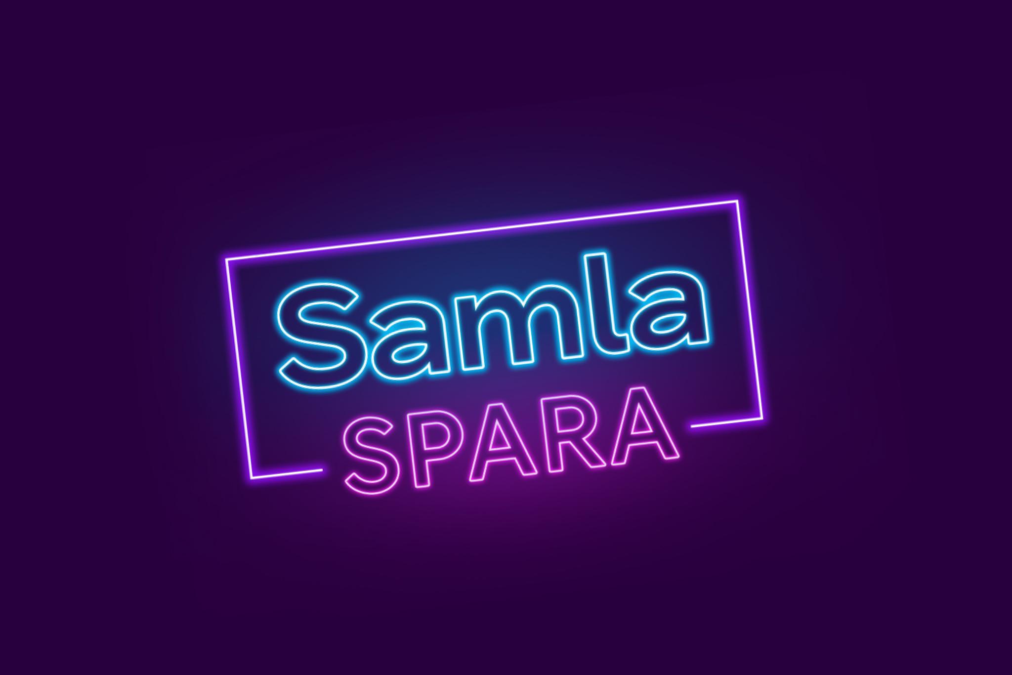 En logga i neon med texten Samla och spara mot mörklila bakgrund.
