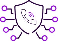 Symbol med sköld och linjer och fast telefon i svart och lila