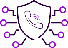 Symbol med sköld och linjer och fast telefon i svart och lila