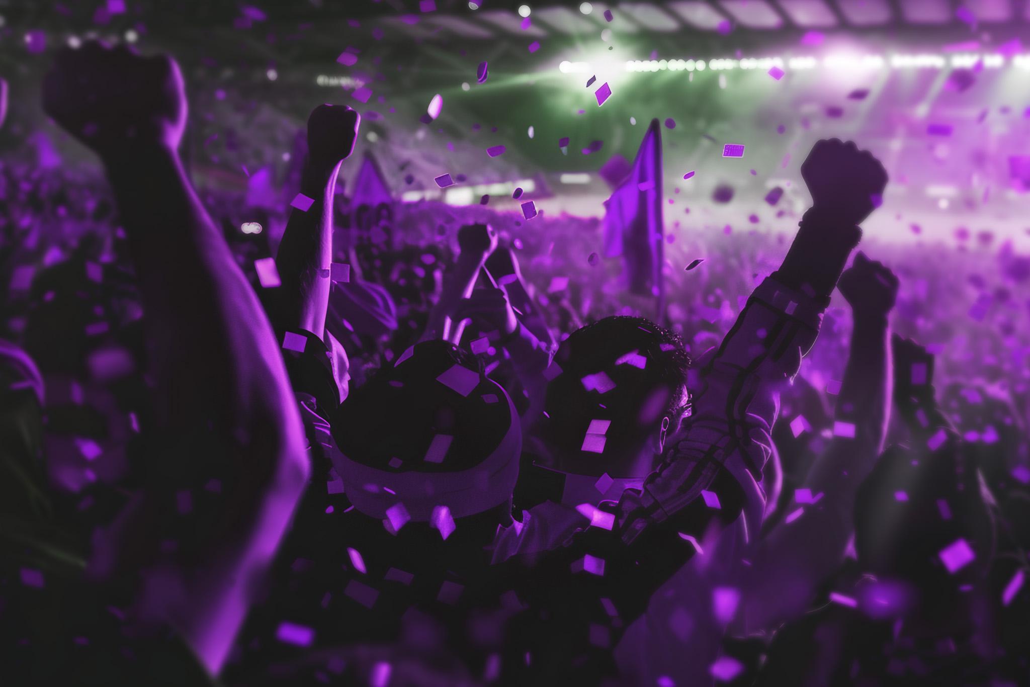 Publik som jublar, viftar med flaggor och sträcker upp händerna i ett konfettiregn.